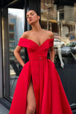 Off the Shoulder Red Satin V Neck Long Prom Dresses, High Slit Party Dresses with Pockets SJS15271