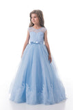 Scoop With Applique And Sash Tulle A Line Floor Length Flower Girl Dresses