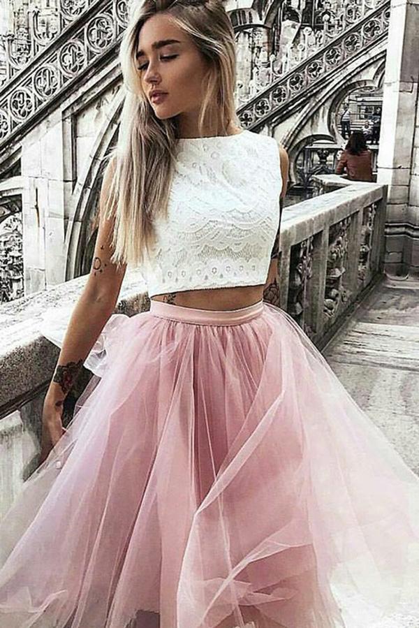 A-Line Tulle Bateau Lace Ivory Cap Sleeve Knee-Length Pink Two Piece Prom Dresses JS746