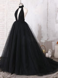 2024 Elegant Black Ball Gown Sexy Backless Long Sleeveless V-Neck Tulle Prom Dresses JS993