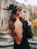 Black Sweetheart Long Sleeves Lace Backless Wedding Dresses