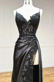 Black Spaghetti Straps Lace Appliques Prom Dress with Slit