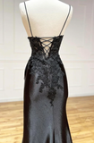 Black Spaghetti Straps Lace Appliques Prom Dress with Slit