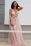 Elegant A-Line Spaghetti Straps Long Pearl Pink Appliques V Neck Backless Prom Dresses JS687