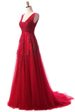 Elegant A Line Tulle Lace Appliques V Neck Backless Beads Red Long Prom Dresses JS41