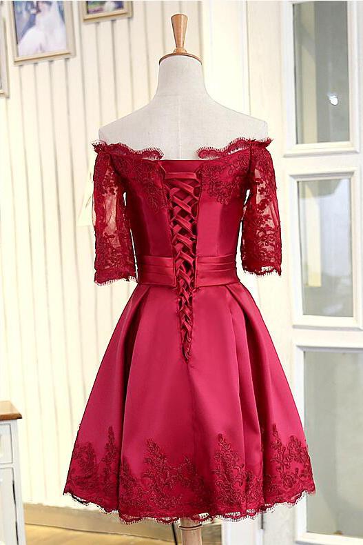 A Line Short Sleeves Satin Lace Appliques Lace up Scoop Short Prom Dress Homecoming Dresses JS752