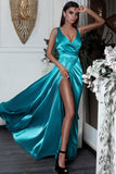 Sexy A Line Split Turquoise V-Neck Green Satin Prom Dresses with High Slit JS633