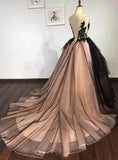 Black Lace V Neck A Line Tulle Formal Prom Dress Long Lace up Ball Gown Evening Dresses JS294