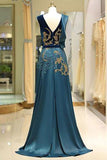A Line V Neck Green Floor Length Satin Prom Dress with Backless Sequins Beading JS446