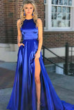 Elegant A-Line Round Neck Royal Blue Satin Open Back Prom Dresses with Split Pockets JS11