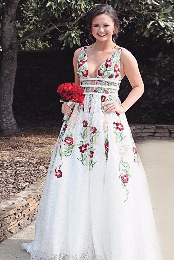 A Line Deep V Neck Ivory Lace Backless Embroidery Party Dresses Printed Prom Dresses JS191