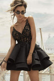 A Line V Neck Lace Layered Black Top Lace Short Homecoming Dresses with Spaghetti Straps H1188