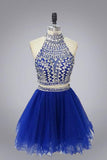 Halter High Neck Beaded Bodice Two Piece Fall Gary Tulle Open Back Homecoming Dress