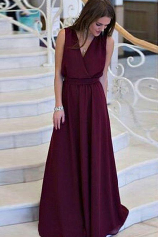 Simple A-line V-neck Chiffon Sweep Train Burgundy Sleeveless Sashes Prom Dresses UK JS404