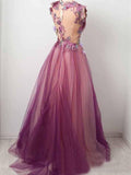 Tulle Flower A Line Prom Dresses Scoop Appliqued Party Dress