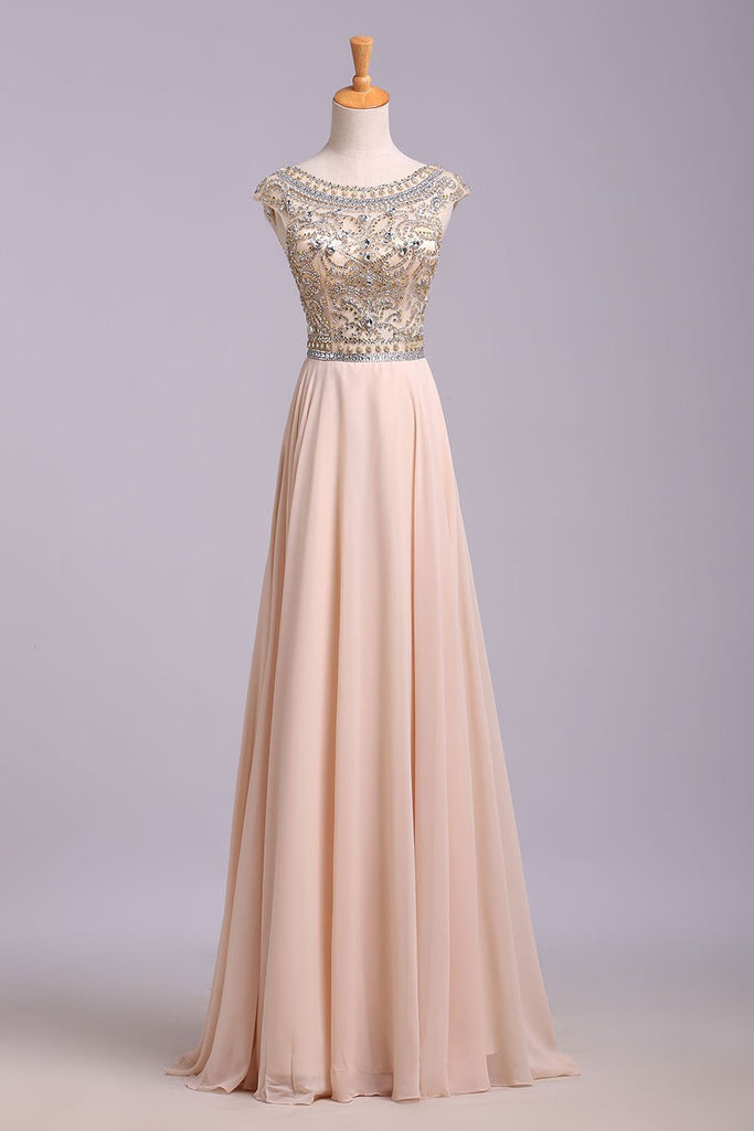 Blush Pink Cap Sleeve Chiffon Beads Round Neck Open Back Long Prom Dresses JS174