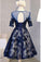 A Line Scoop Navy Blue Knee-length Tulle Short Sleeve Homecoming Dress with Open Back JS792
