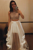 Sexy A-line Scoop Neck Tulle Beading Two Piece Halter Sleeveless Pink Prom Dresses JS635