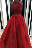 Red High Neck Sleeveless Floor-Length Beading Long Prom Dresses