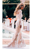 Long Sleeve Round Neck Lace Applique Wedding Dresses Vintage Mermaid Wedding Dress