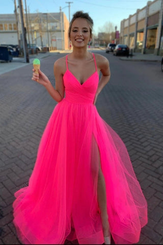 Modest Tulle V Neck Spaghetti Straps Pink Long Prom Dresses with SJS15656