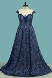 A Line Scoop Cap Sleeves See-Through Lace With Applique Evening Dress