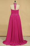 A Line High Neck Prom Dresses Chiffon With Beading And Ruffles