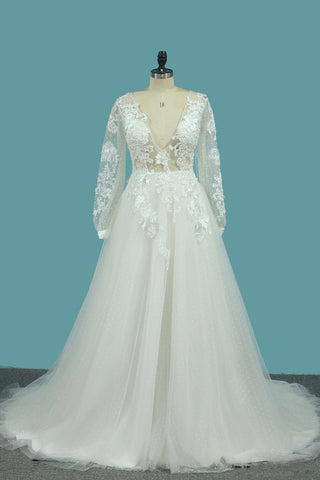 Tulle A Line Deep V Wedding Dresses With Handmade Flower And Beads