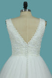 Wedding Dresses V Neck Tulle A Line With Applique Sweep Train