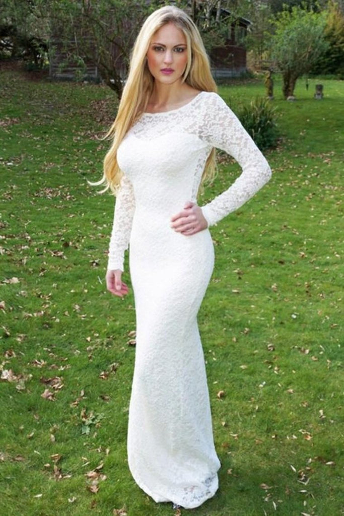 Elegant Long Sleeves Sheath Open Back Ivory Lace Long Prom Dresses