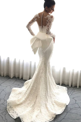 Mermaid Long Sleeves Tulle Wedding Dresses With Applique Court Train Detachable