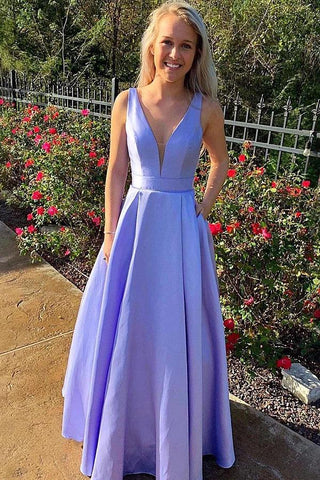 A Line Lavender V Neck Long Prom Dresses with Pockets, Satin Backless Evening Dresses SJS15003