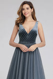 A-Line V-Neck Sleeveless Blue Floor-length Evening Dress Cheap Prom Dresses SJS15055