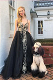 Mermaid V Neck Gold and Black Long Prom Dresses With Appliques, Formal Gowns SJS15267