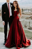 Elegant A Line Red Spaghetti Straps Satin Prom Dresses with Pockets, Evening SJS20410