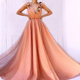 Charming Orange 3D Flowers Long Prom Dresses V-neck Tulle Cheap Evening Dresses SJS15120