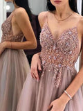 Gorgeous A-Line Spaghetti Straps V Neck Blush Tulle Prom Dresses, Cheap Evening Dresses SJS15235