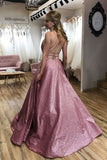 Unique A line Pink Sequins Spaghetti Straps Prom Dresses, Evening SJS15678