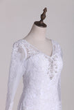 V-Neck 3/4 Length Sleeve Wedding Dresses Mermaid Tulle With Beads And Applique Court Train