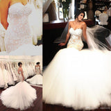 Stunning Mermaid Strapless Sweetheart Tulle Wedding Dresses with Appliques, Wedding Gowns SJS15439