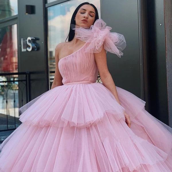 Buy Charming Ball Gown Tulle Pink One Shoulder Long Prom Dresses ...