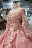 New Prom Dresses Long Sleeves Ball Gown High Neck With Applique&Beads Lace Up Back