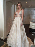 Chic Sparkly Deep V Neck Straps Wedding Dress Sequin Long Prom Dresses JS781
