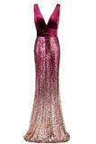 Sexy Sequins Mermaid V Neck Burgundy Velvet Long Prom Dresses Backless Evening Dress SJS15352