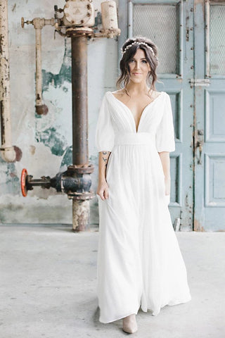 Simple A Line Ivory Chiffon V neck Wedding Dresses, Half Sleeves Long Wedding Gowns SJS15381