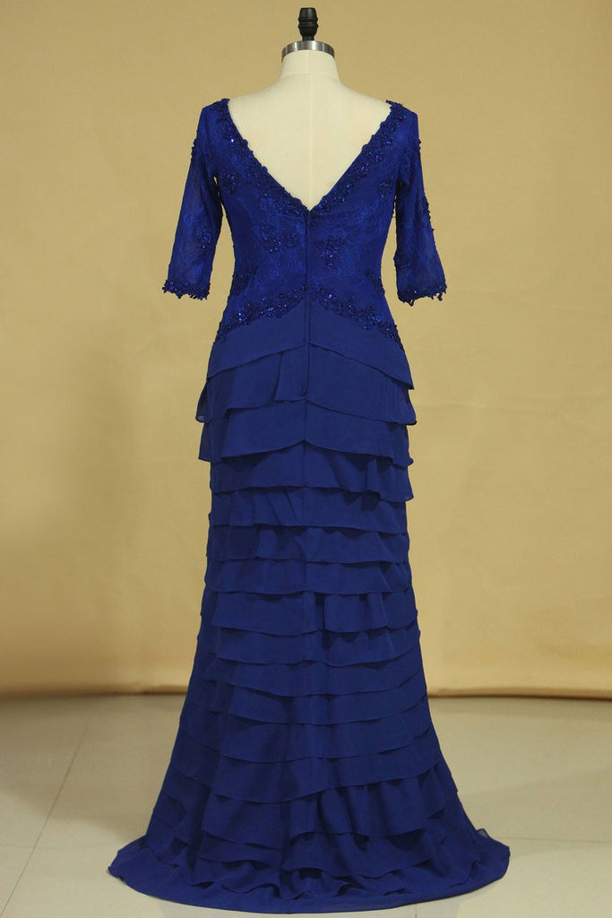 Dark Royal Blue Mother Of The Bride Dresses Chiffon V Neck With 3/4 Length Sleeves