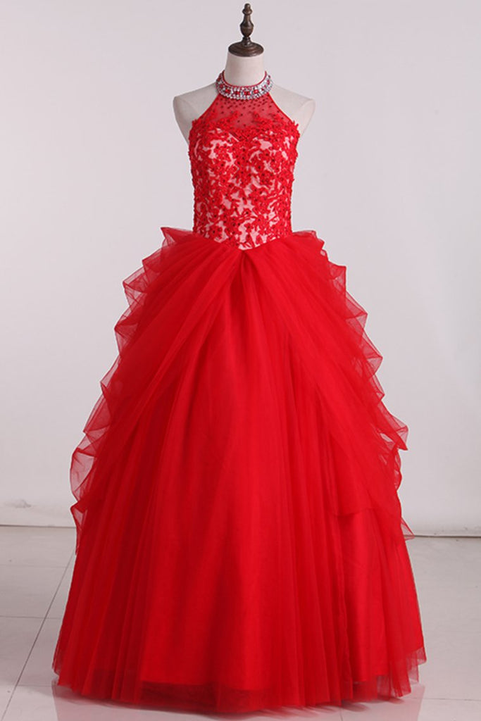 High Neck Tulle With Applique Ball Gown Quinceanera Dresses Floor Length