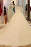 Long Sleeves Scoop Neck Wedding Dresses A Line With Beading Court Train Tulle Lace Up