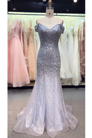 Prom Dress Off The Shoulder Sweep Train Mermaid Tulle Beads&Sequins
