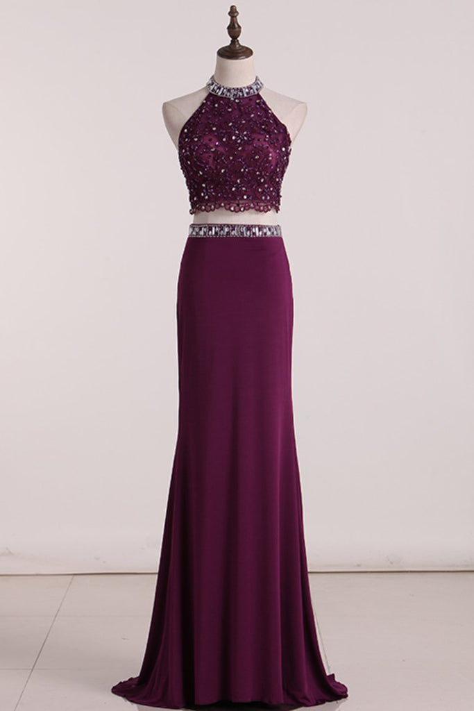 Two-Piece High Neck Prom Dresses Mermaid With Applique Spandex